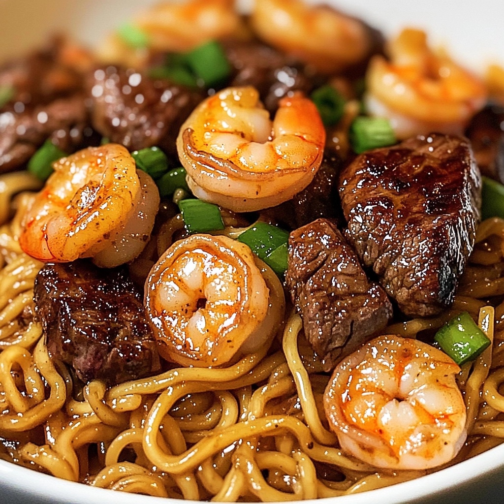 Garlic Butter Steak and Shrimp Stir-Fried Noodles