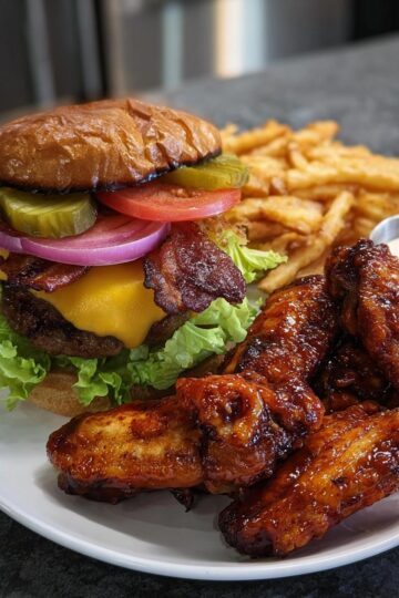 Beef Bacon Cheeseburger & BBQ Wing Platter
