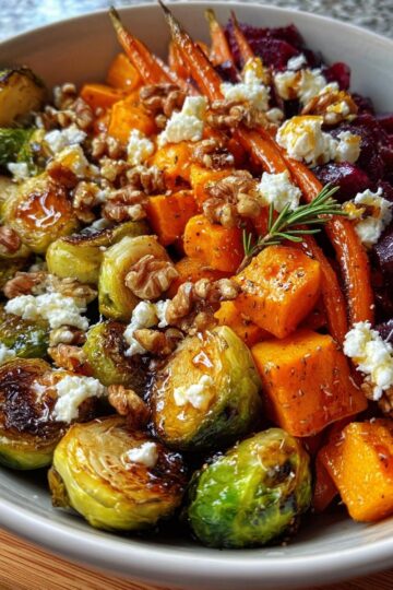 Caramelized Brussels Sprouts, Sweet Potato, Butternut Squash, Carrot & Beet Medley with Feta, Toasted Walnuts & Hot Honey Drizzle