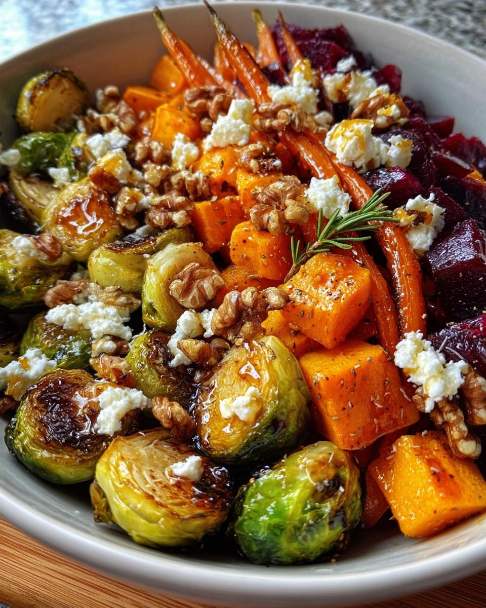 Caramelized Brussels Sprouts, Sweet Potato, Butternut Squash, Carrot & Beet Medley with Feta, Toasted Walnuts & Hot Honey Drizzle
