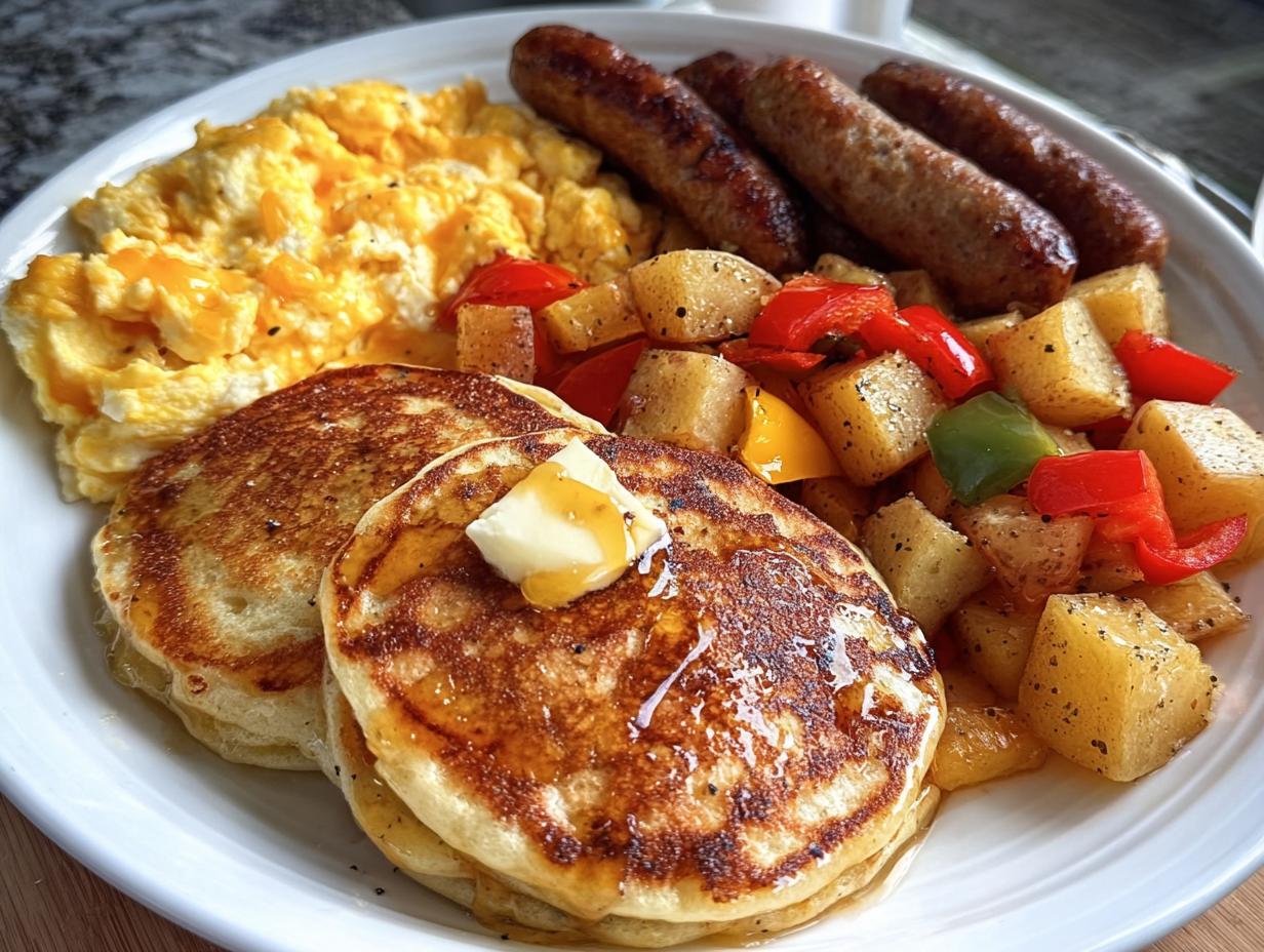 Classic American Breakfast Platter with Fluffy Pancakes - detail 1