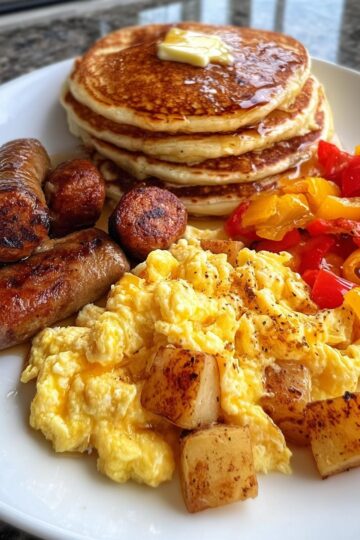 Classic American Breakfast Platter with Fluffy Pancakes