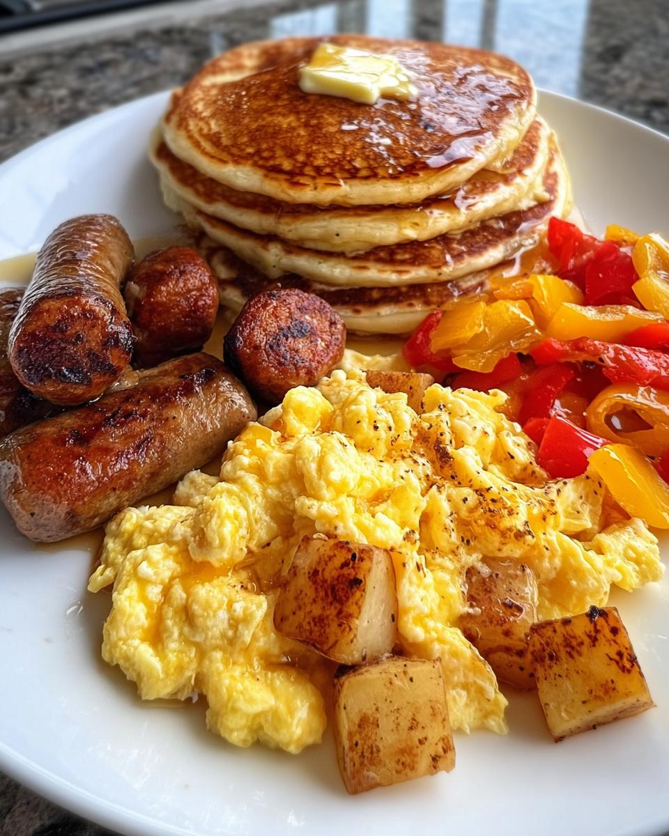 Classic American Breakfast Platter with Fluffy Pancakes