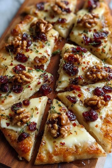 Crispy Flatbread with Brie, Cranberries, Walnuts & Hot Honey Drizzle