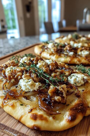 Crispy Naan Flatbread with Caramelized Onions, Brie, and Maple Walnuts