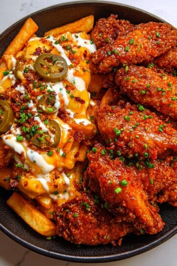 Crispy Saucy Wings with Loaded Cheesy Fries