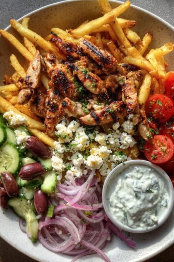 Greek Chicken Bowl with Fries and Tzatziki
