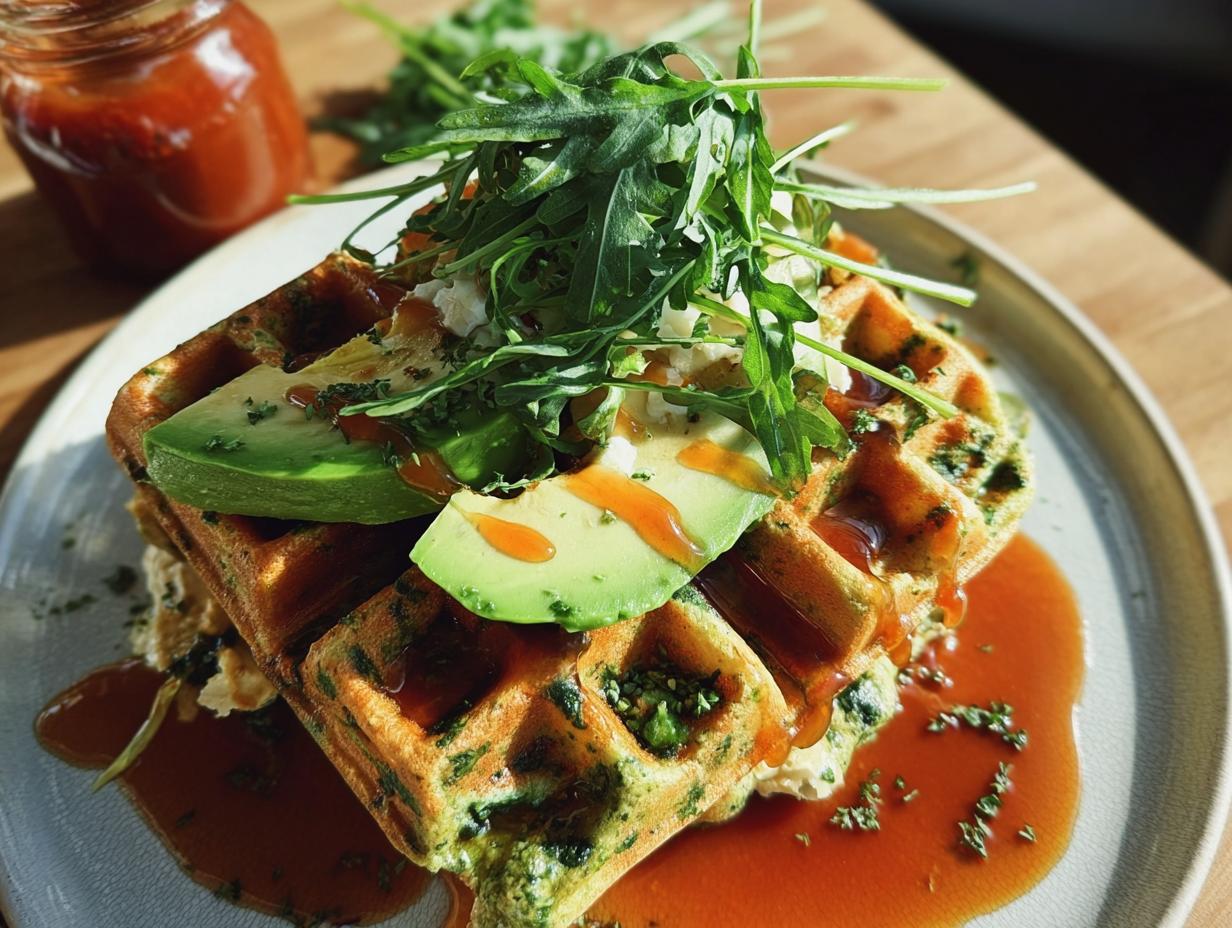 Green Waffles with Spinach, Onion, Vegan Cheese & Sriracha Maple Syrup - detail 1
