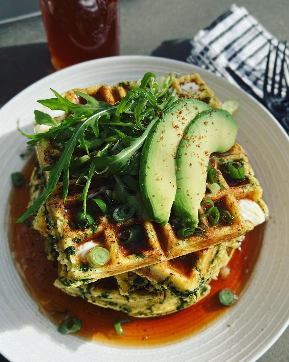 Green Waffles with Spinach, Onion, Vegan Cheese & Sriracha Maple Syrup