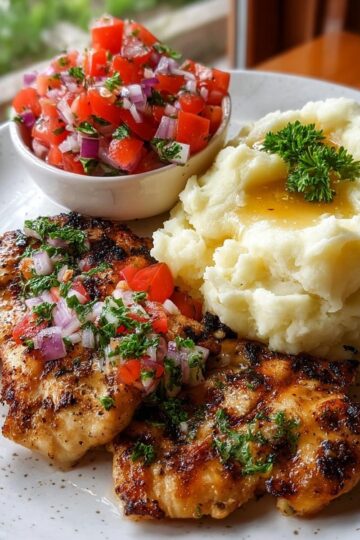 Grilled Chicken with Mashed Potatoes and Fresh Tomato Salad