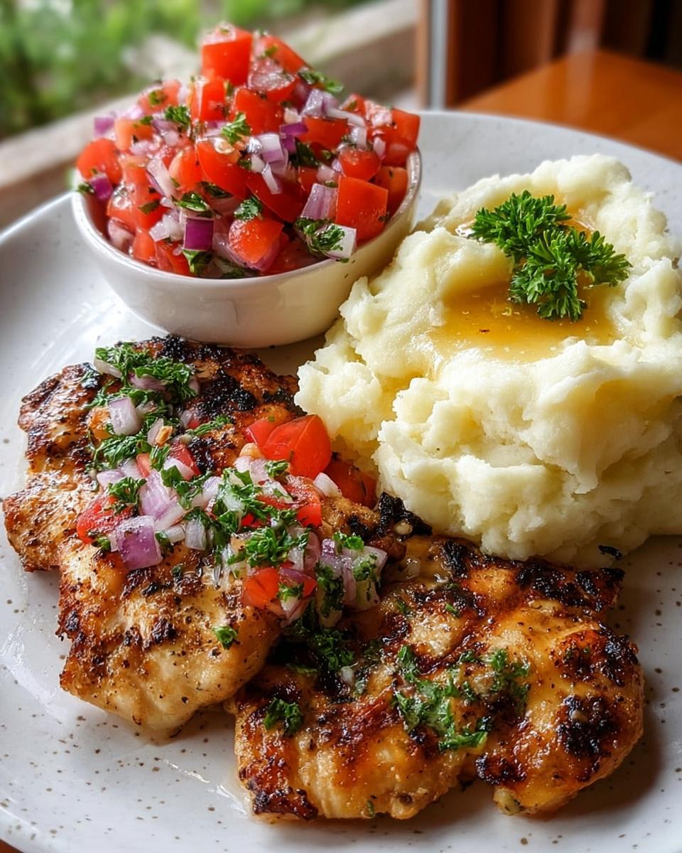 Grilled Chicken with Mashed Potatoes and Fresh Tomato Salad
