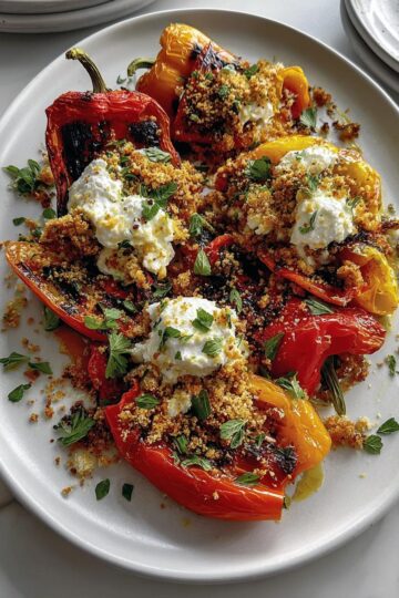 Grilled Marinated Peppers with Burrata and Crunchy Breadcrumbs