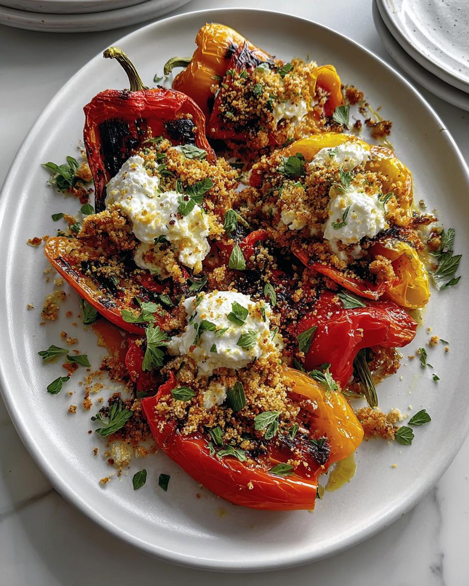 Grilled Marinated Peppers with Burrata and Crunchy Breadcrumbs