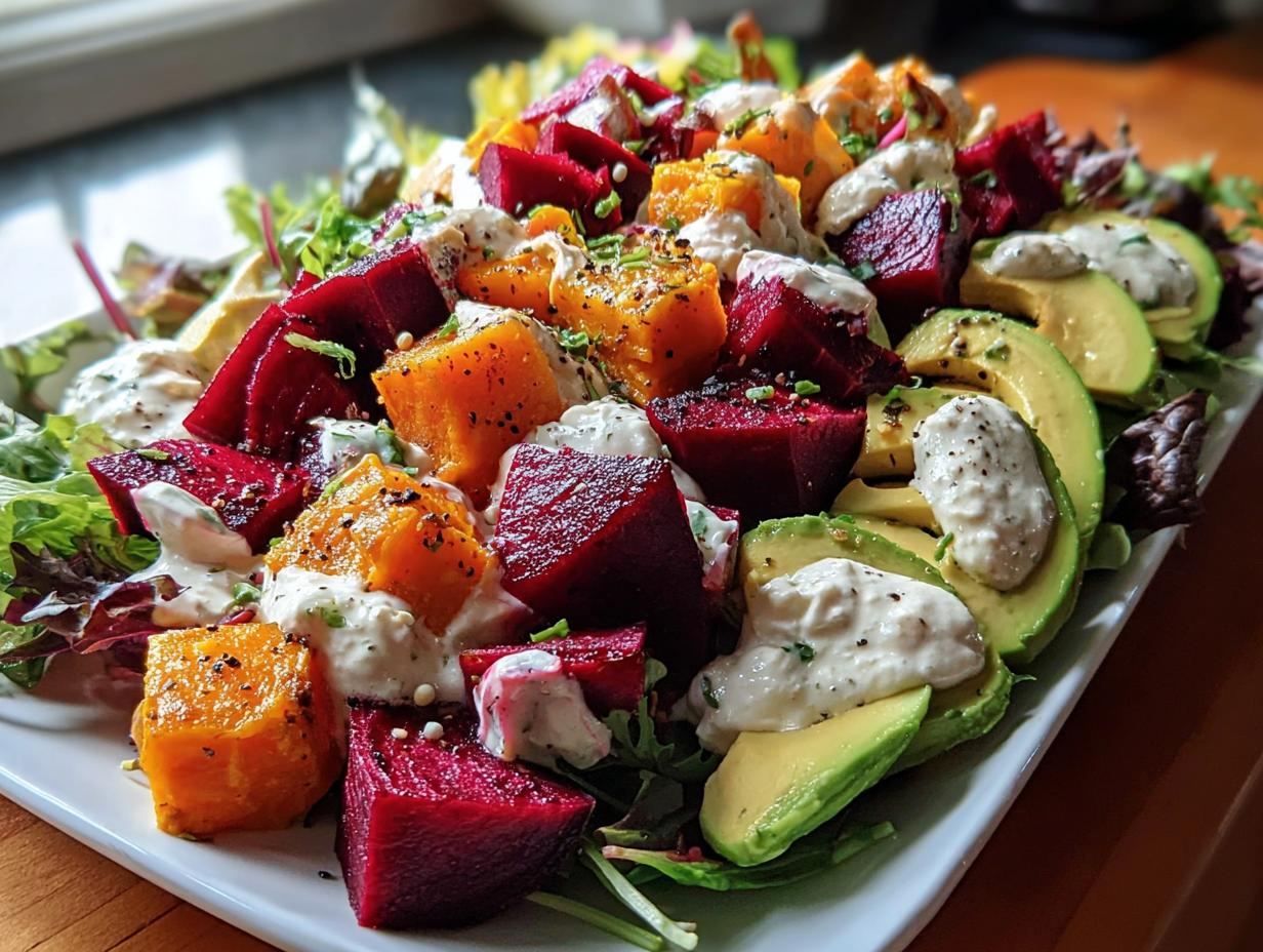 Roasted Beet, Sweet Potato & Avocado Salad with Whipped Ricotta & Lemon-Tahini Drizzle
