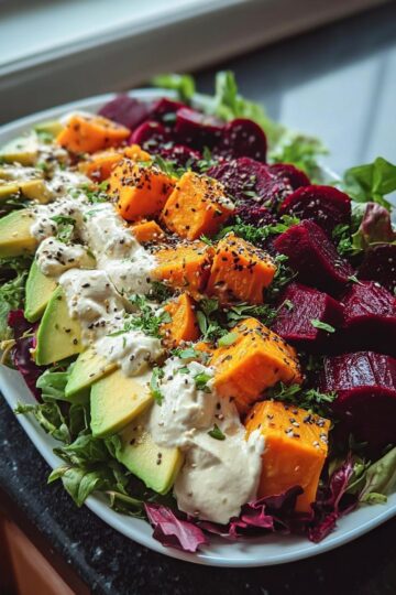 Roasted Beet, Sweet Potato & Avocado Salad with Whipped Ricotta & Lemon-Tahini Drizzle