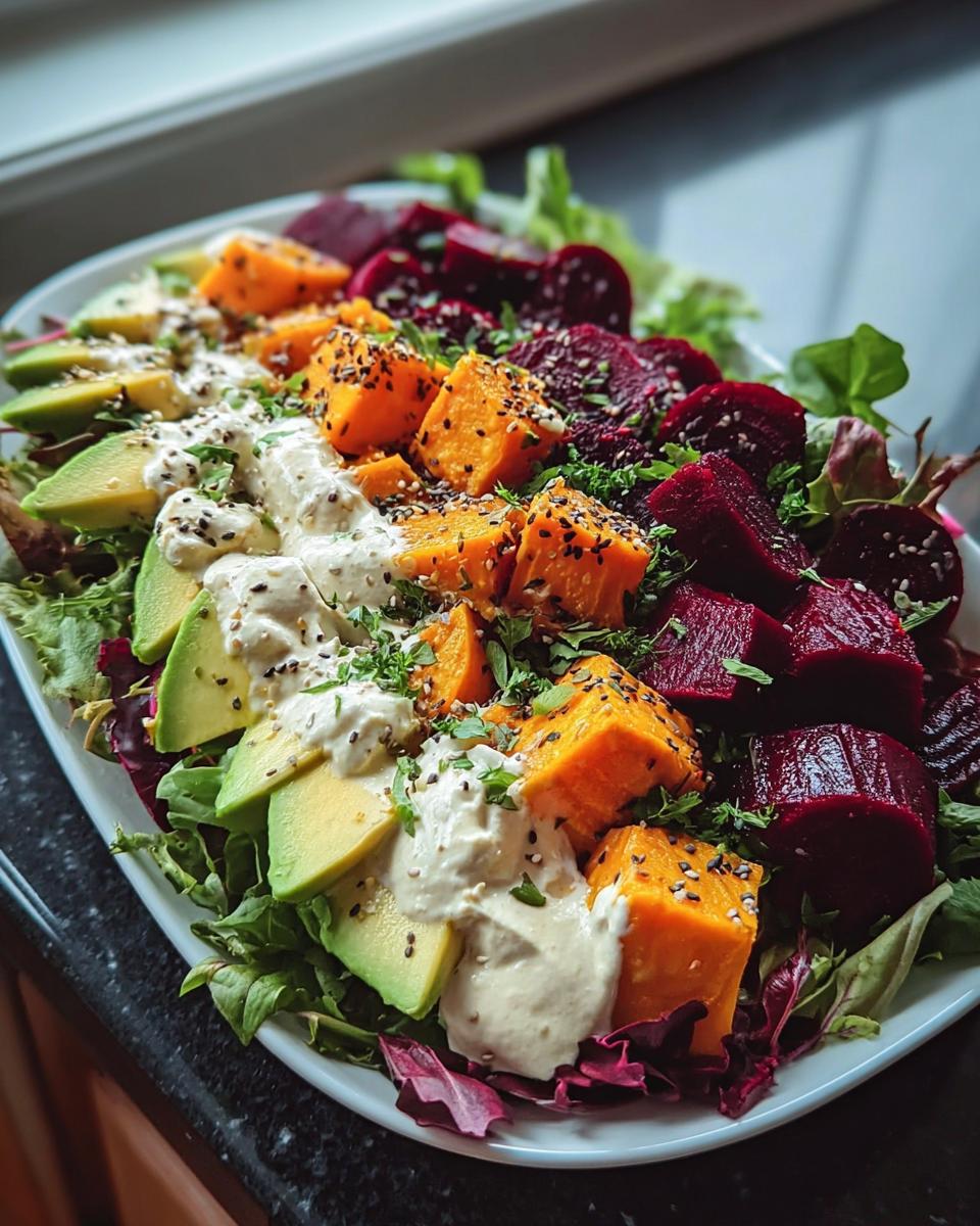 Roasted Beet, Sweet Potato & Avocado Salad with Whipped Ricotta & Lemon-Tahini Drizzle