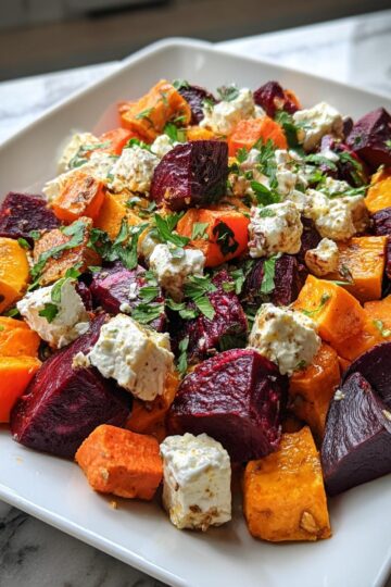 Roasted Beet and Sweet Potato Salad with Feta and Yogurt Dressing