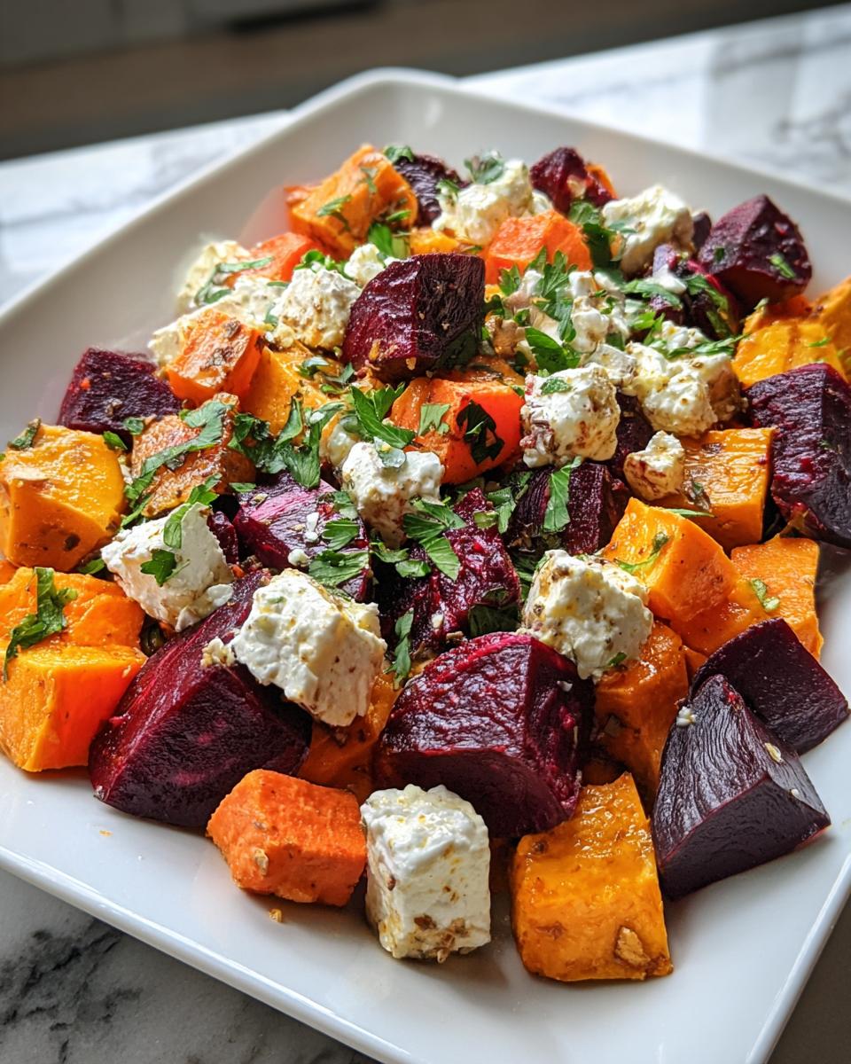 Roasted Beet and Sweet Potato Salad with Feta and Yogurt Dressing