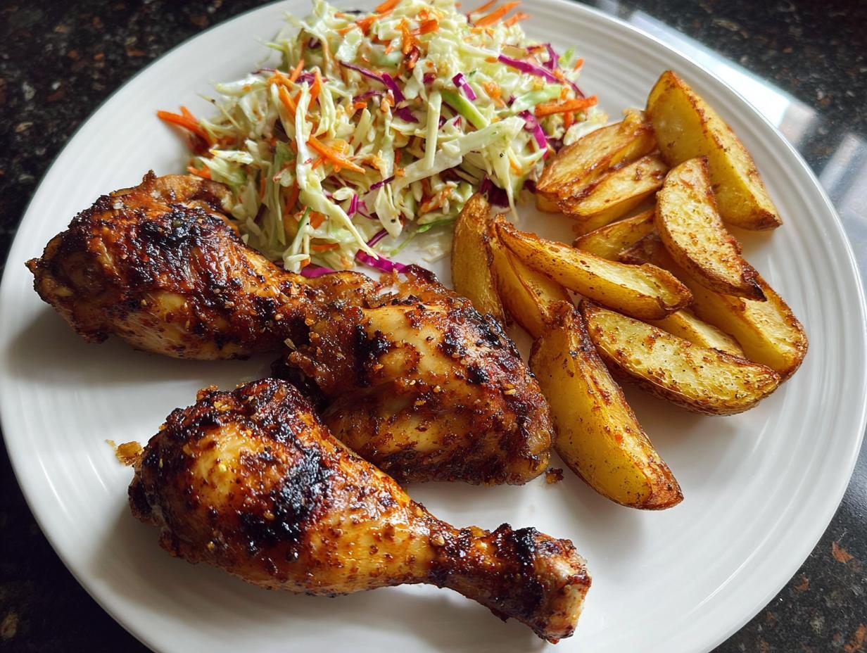 Roasted Chicken Drumsticks with Potato Wedges and Coleslaw