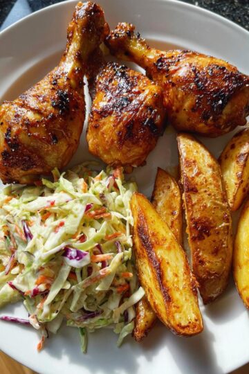 Roasted Chicken Drumsticks with Potato Wedges and Coleslaw