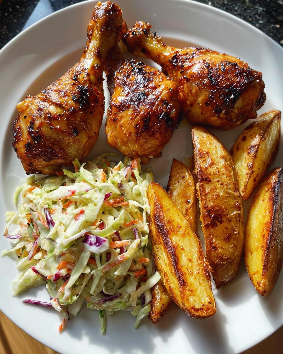 Roasted Chicken Drumsticks with Potato Wedges and Coleslaw