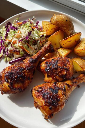 Roasted Chicken Drumsticks with Potatoes and Coleslaw