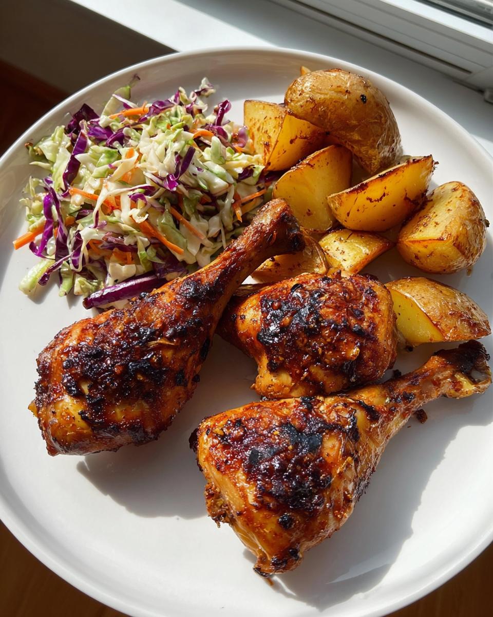 Roasted Chicken Drumsticks with Potatoes and Coleslaw