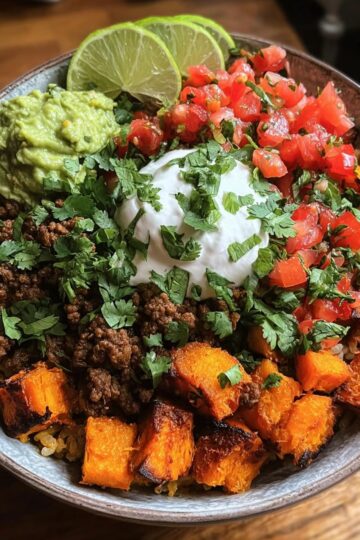 Roasted Sweet Potato and Ground Beef Taco Bowl