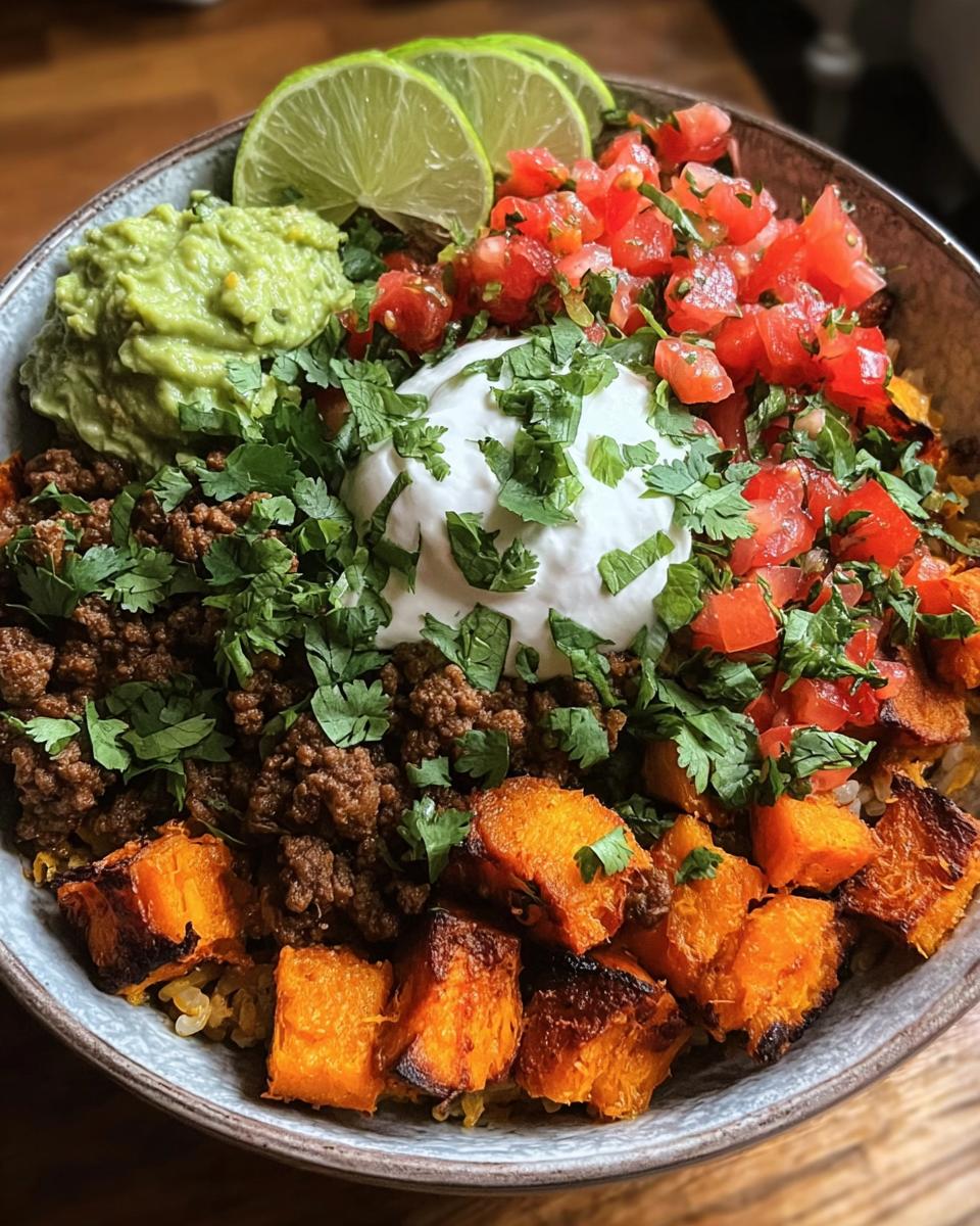 Roasted Sweet Potato and Ground Beef Taco Bowl