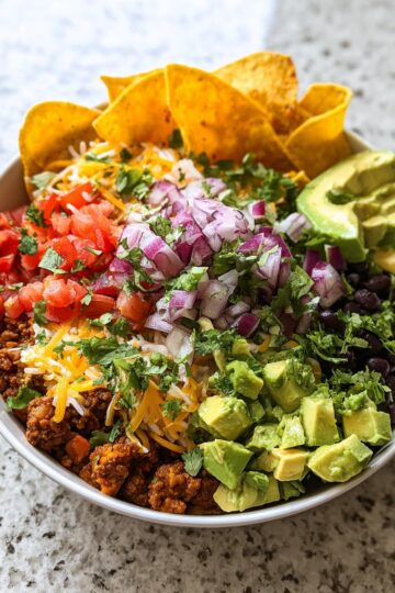 Roasted Taco Bowl with Crispy Chips and Fresh Toppings Recipe