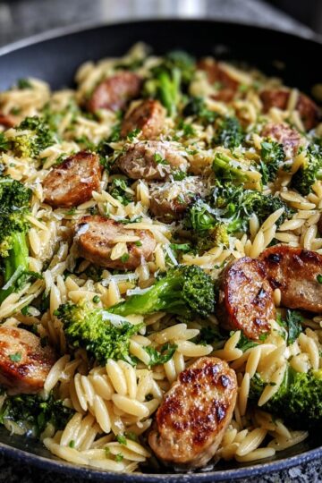 Savor the Easy Chicken Sausage, Broccoli & Orzo Skillet
