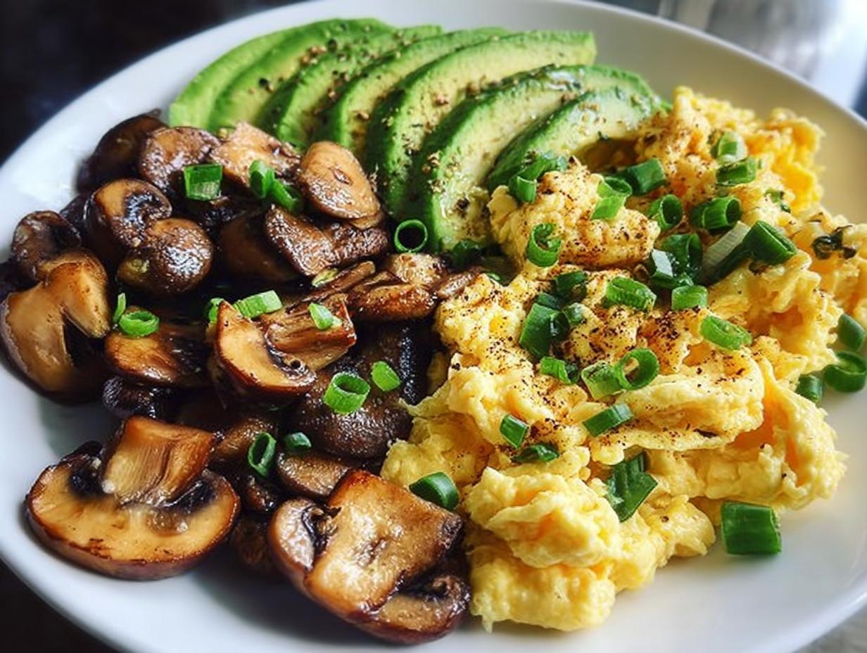 Scrambled Eggs with Avocado and Sautéed Mushrooms