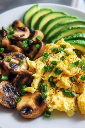 Scrambled Eggs with Avocado and Sautéed Mushrooms