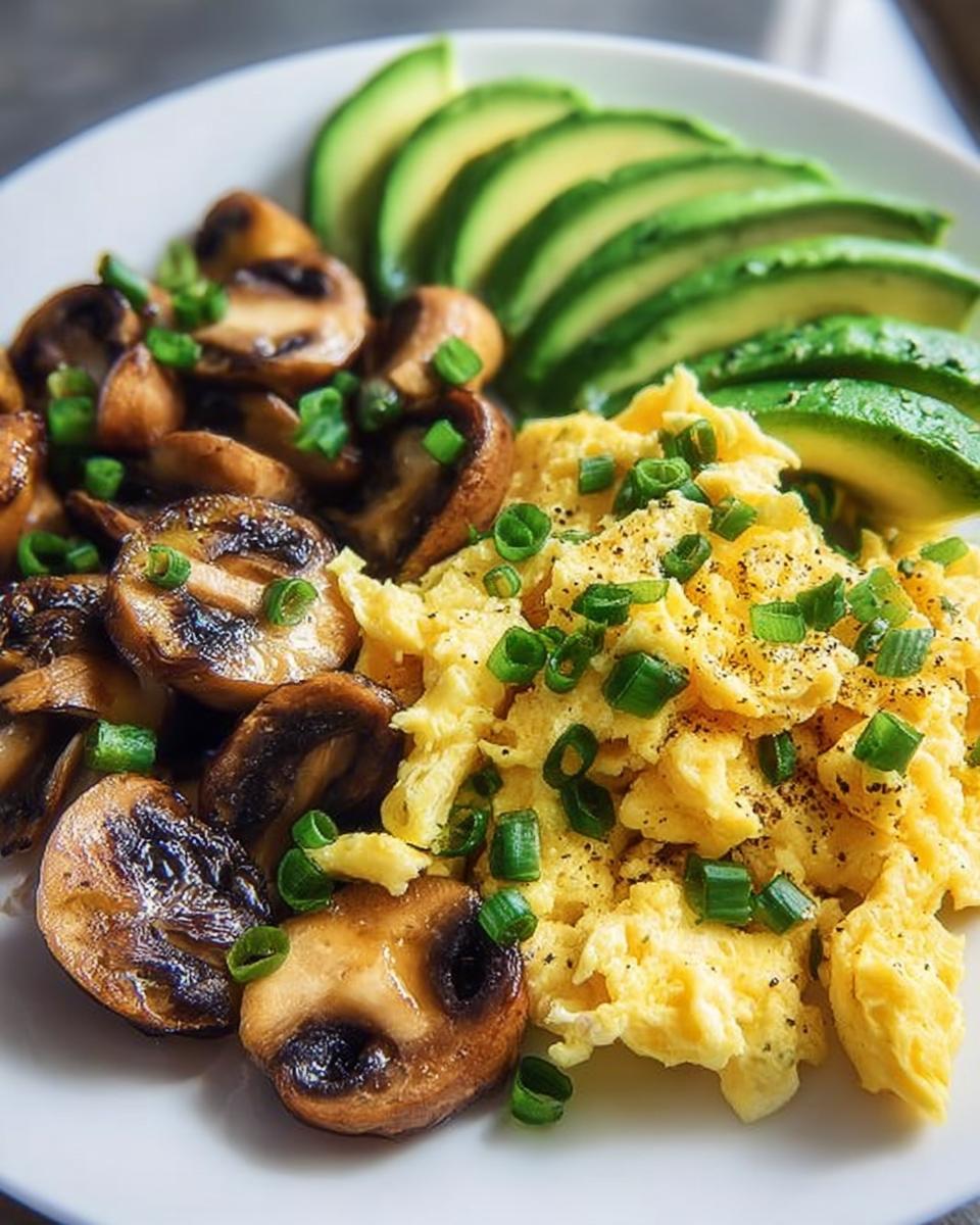 Scrambled Eggs with Avocado and Sautéed Mushrooms