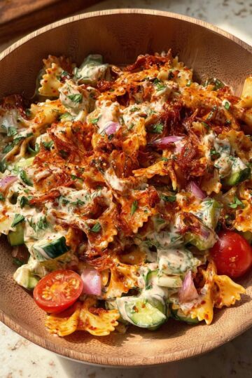 Spicy Crispy Pasta Salad with Chili Crisp Yogurt Dressing