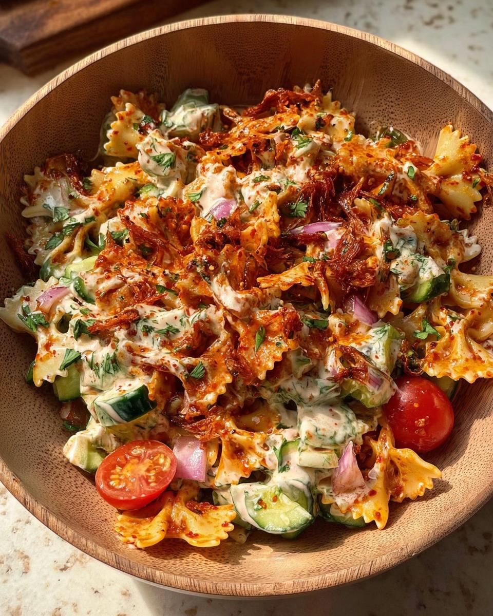 Spicy Crispy Pasta Salad with Chili Crisp Yogurt Dressing