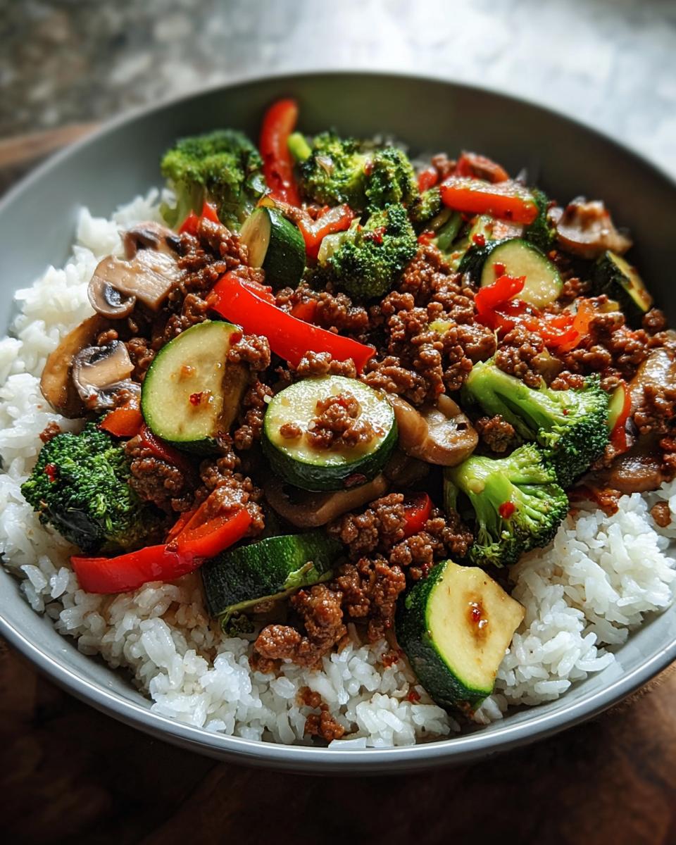 Spicy Ground Beef Stir-Fry Bowl with Garlic Veggies Delight - detail 1