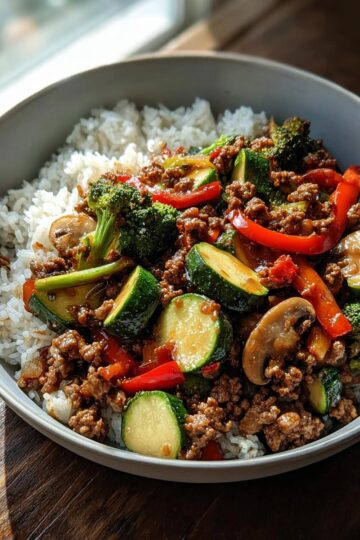 Spicy Ground Beef Stir-Fry Bowl with Garlic Veggies Delight