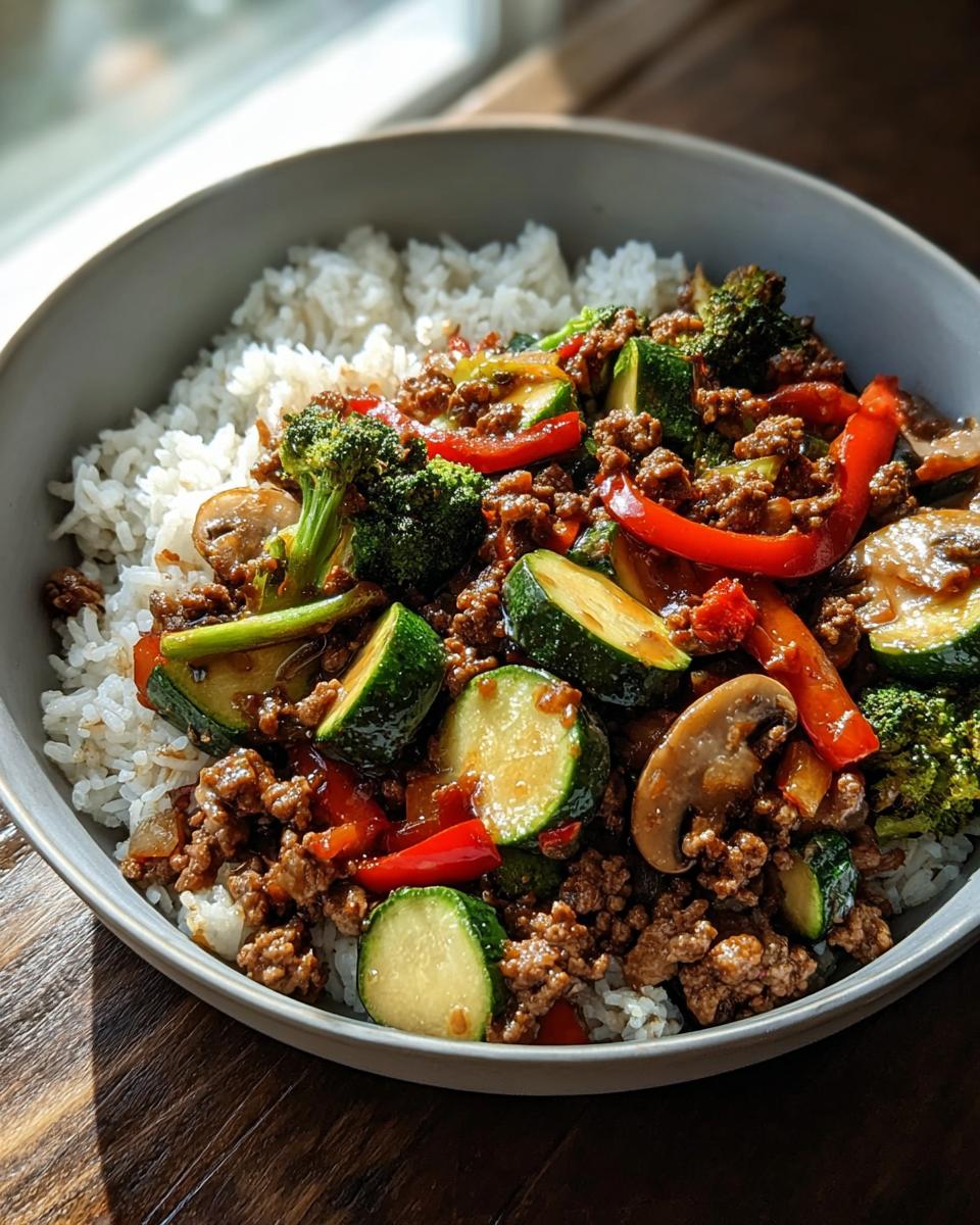 Spicy Ground Beef Stir-Fry Bowl with Garlic Veggies Delight
