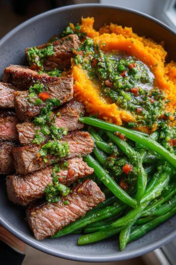 Steak Bowl with Sweet Potato Mash & Garlic Green Beans