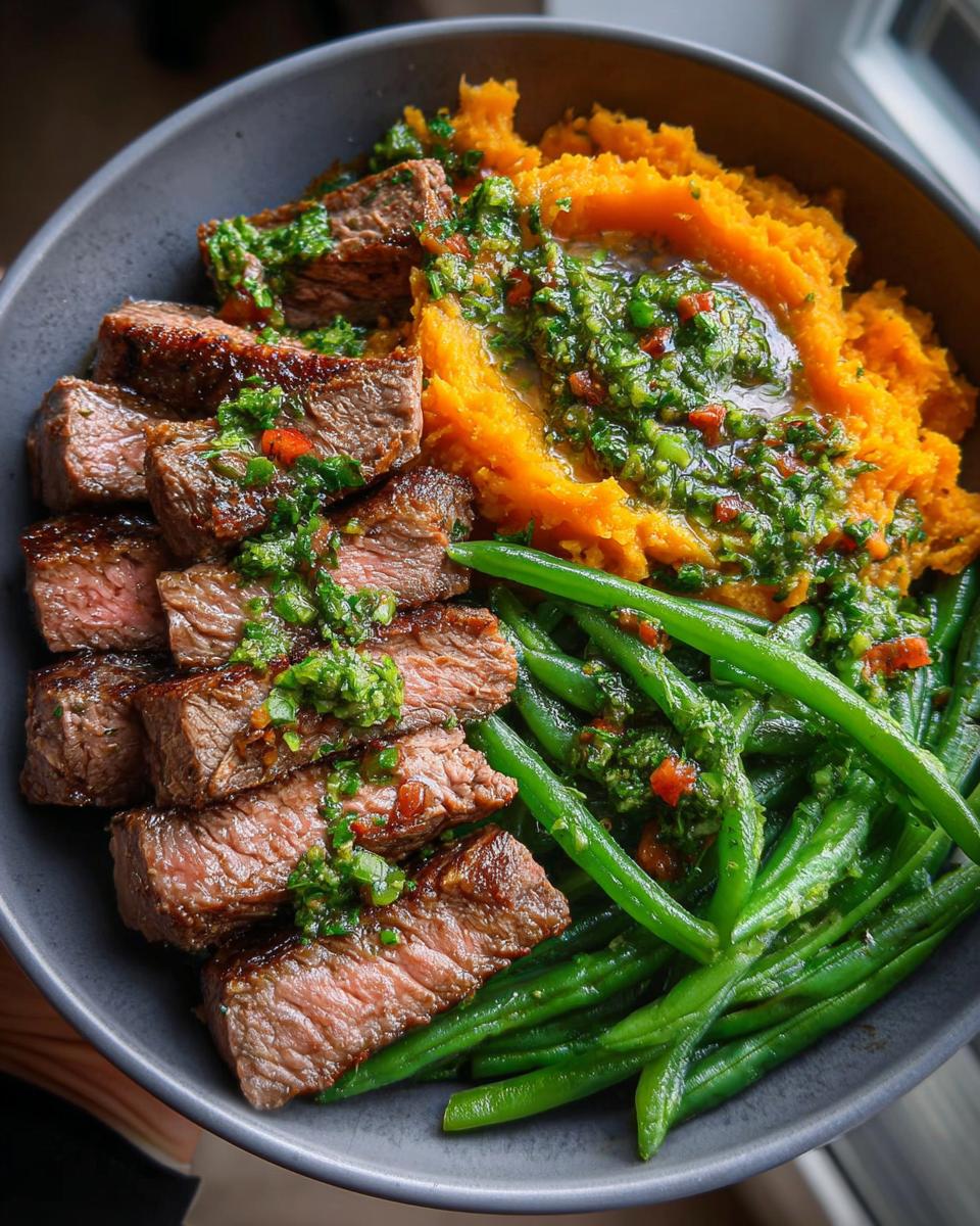 Steak Bowl with Sweet Potato Mash & Garlic Green Beans
