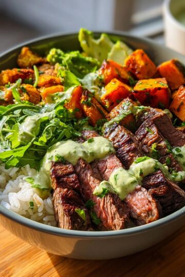 Steak and Sweet Potato Bowls with Avocado-Cilantro Drizzle