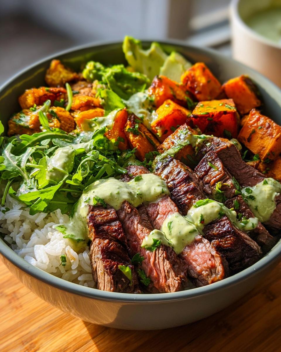 Steak and Sweet Potato Bowls with Avocado-Cilantro Drizzle