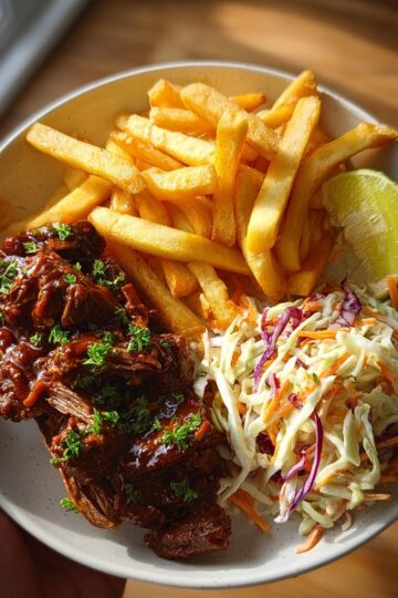Sticky BBQ Beef Bites with Crispy Fries & Fresh Coleslaw