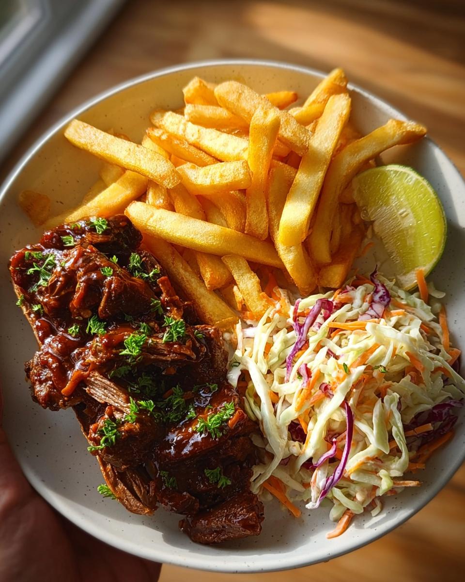 Sticky BBQ Beef Bites with Crispy Fries & Fresh Coleslaw