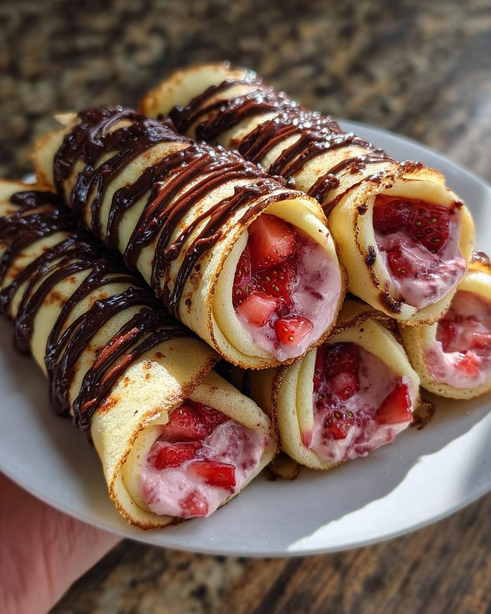 Strawberry Cream Crepe Rolls with Chocolate Drizzle